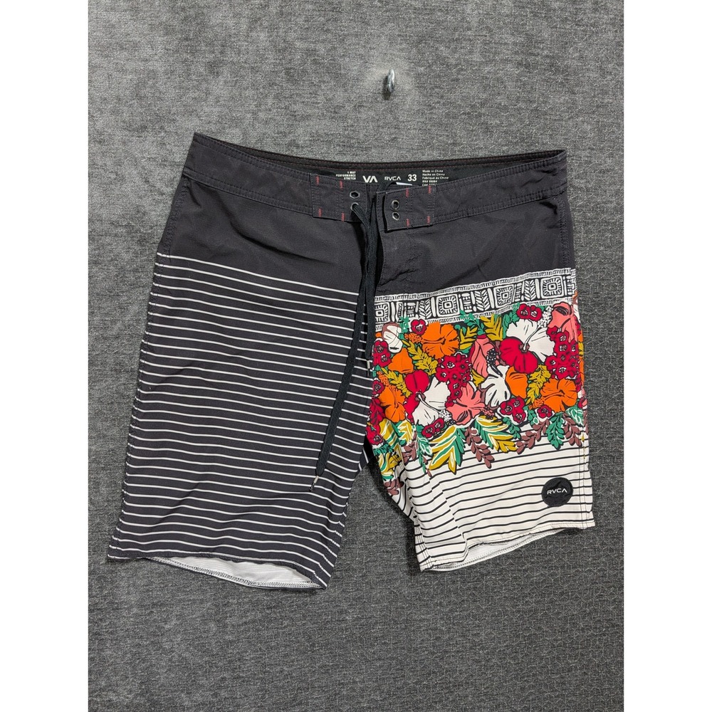 RVCA Mens Multi Pattern Floral Striped Board Shorts Black 33 4-Way Stretch